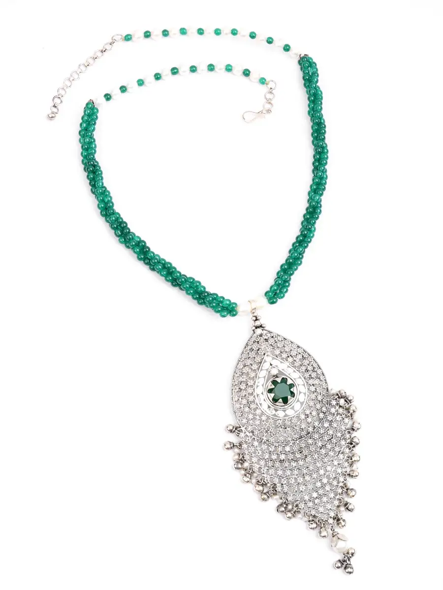 Simulated Stone Studded Oxidized Silver Necklace