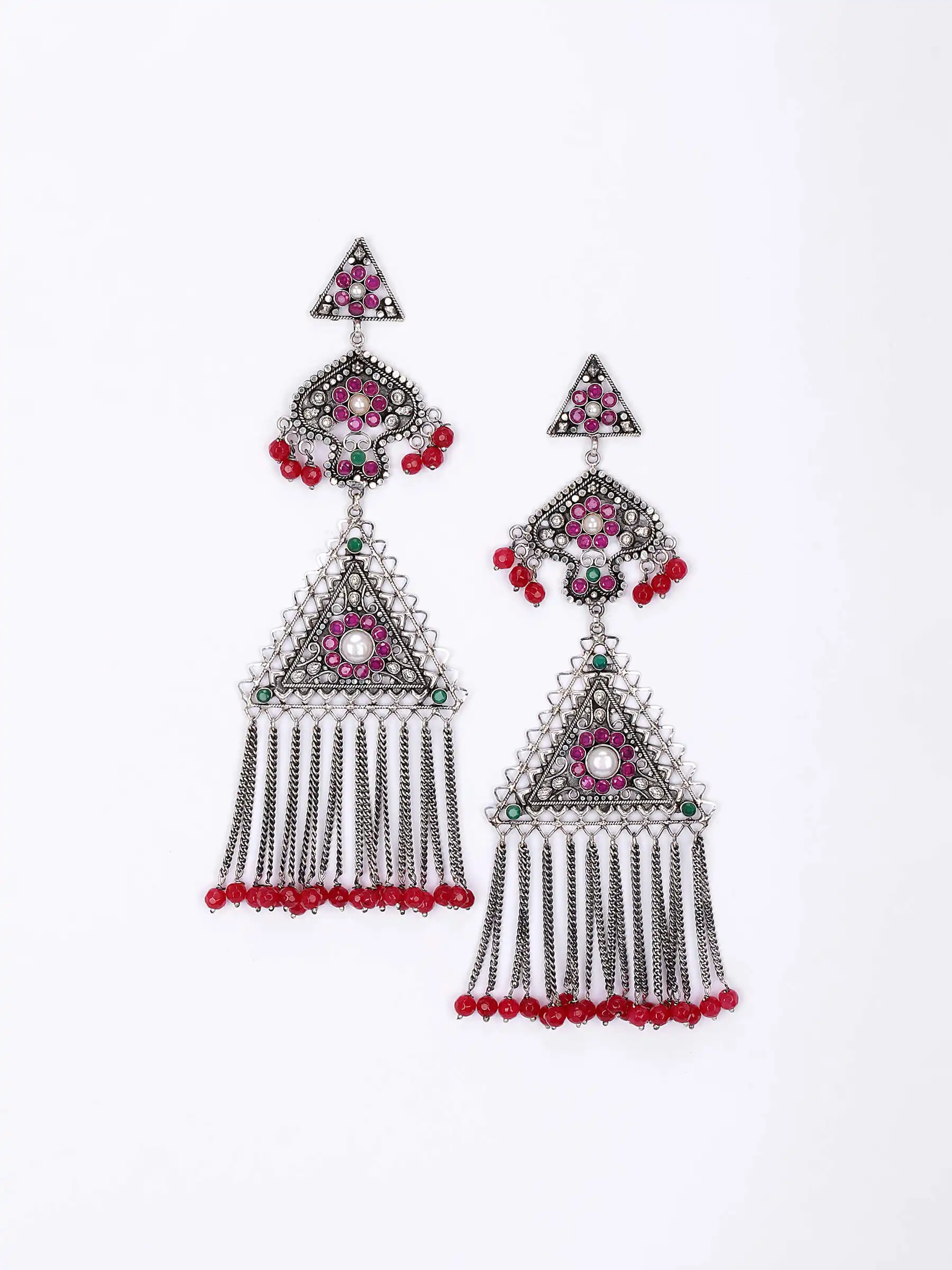 Simulated Stone Studded Oxidized Silver Earrings