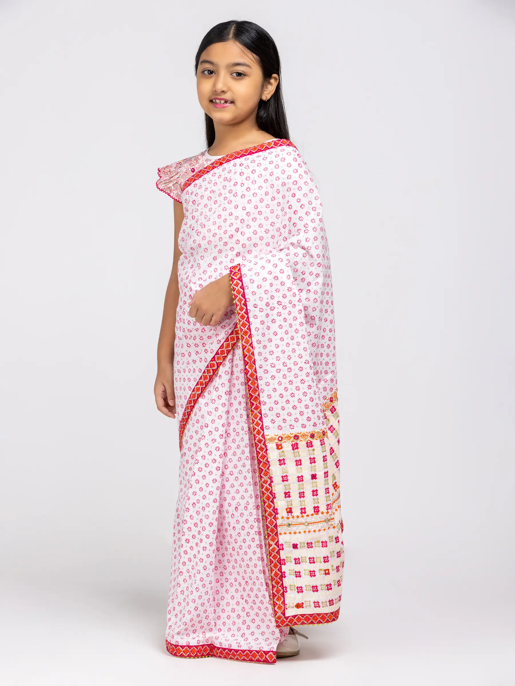 Light Pink Printed and Embroidered Voile Saree