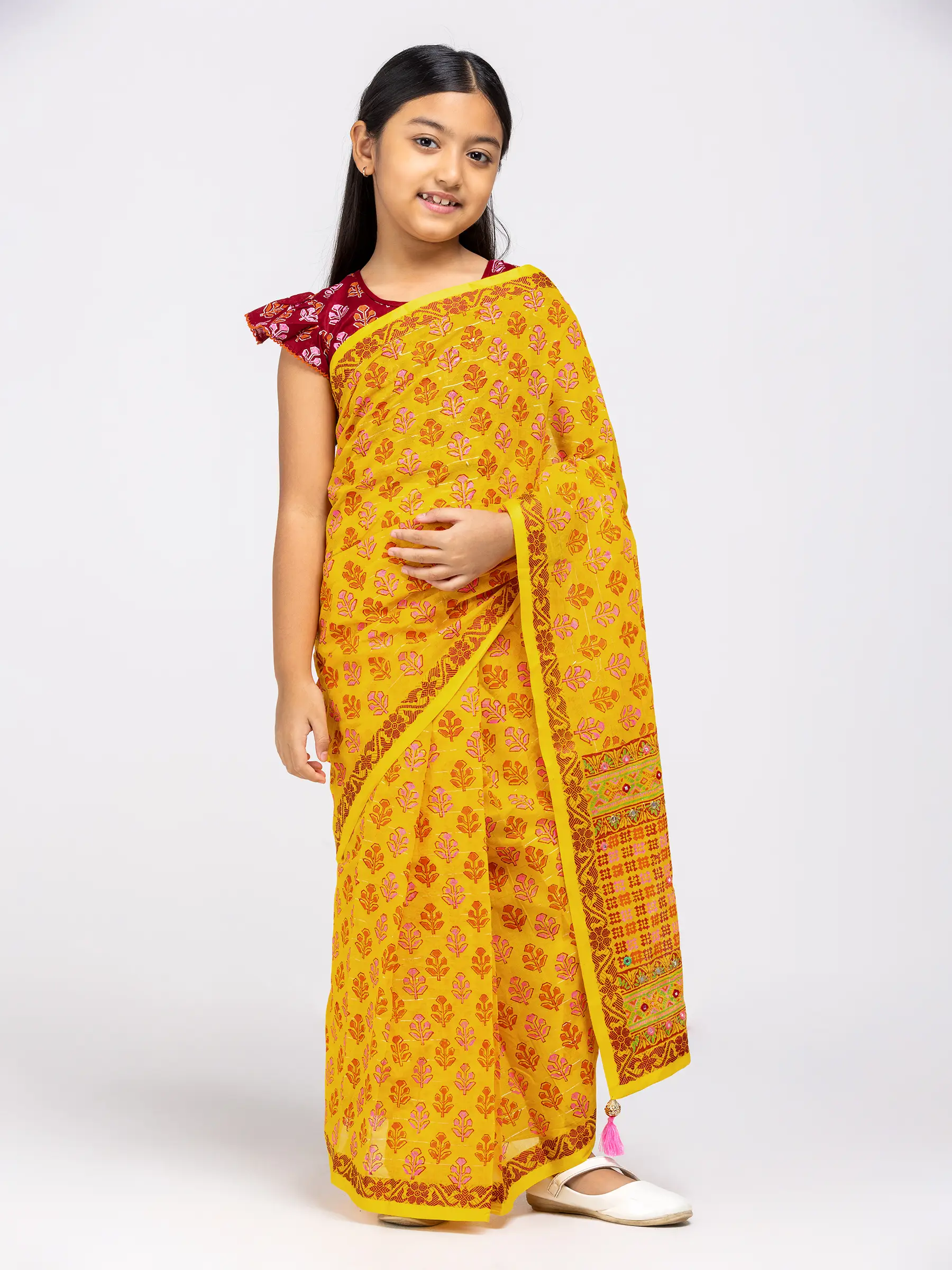 Yellow Printed and Embroidered Cotton Saree