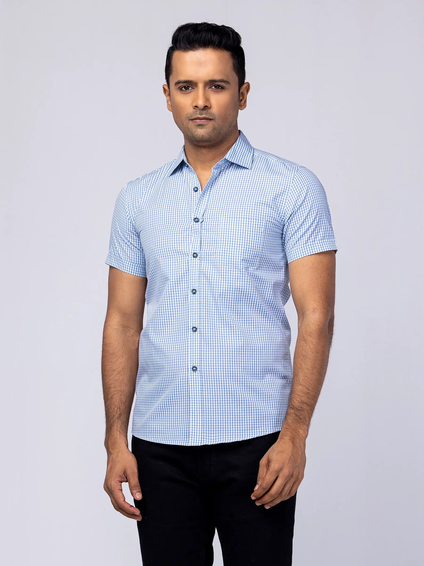 Light Blue Check Fitted Cotton Shirt