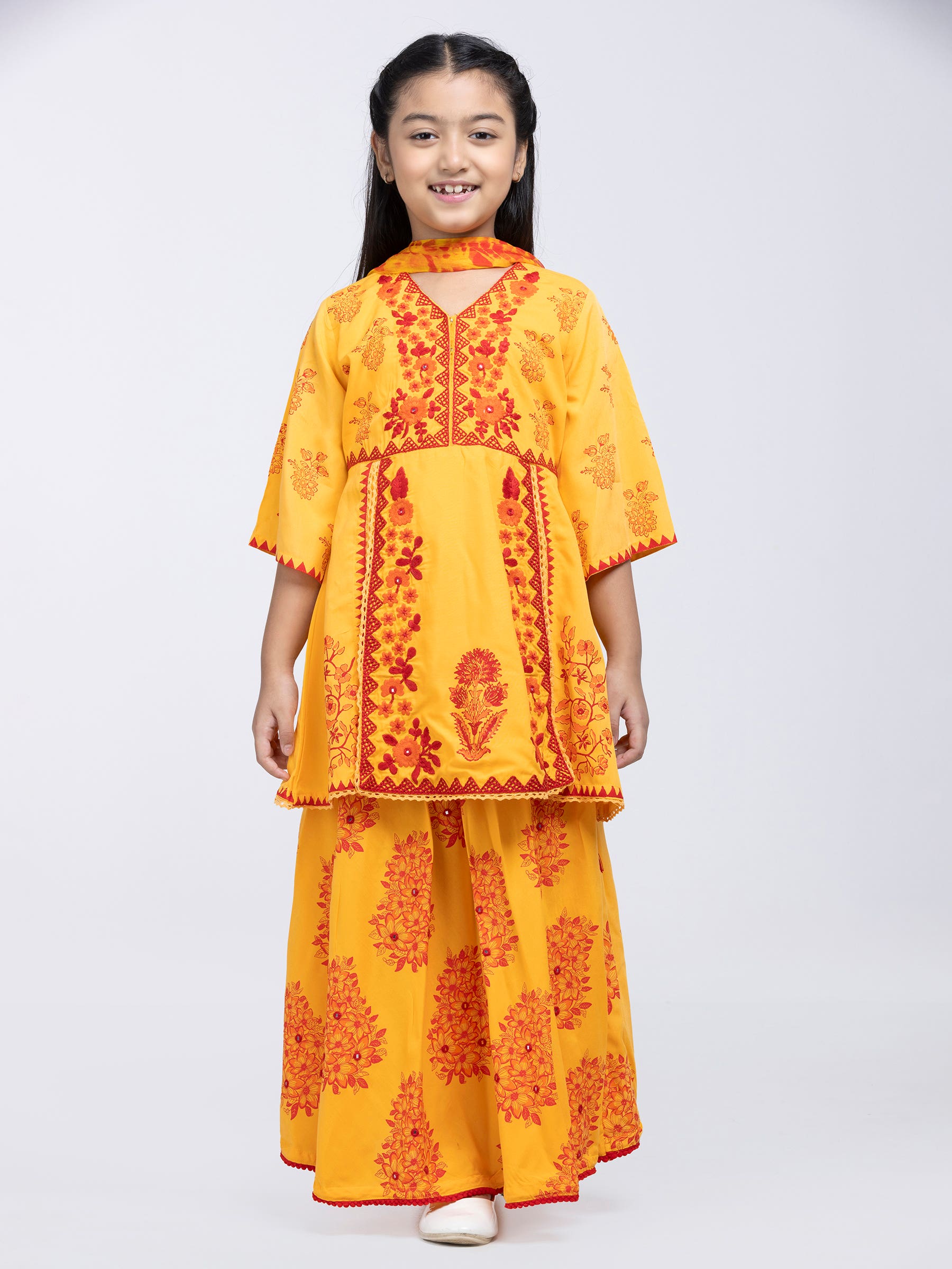 Yellow Printed and Embroidered Linen Ghagra Choli